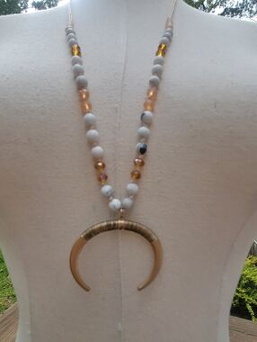 White Howlite and Amber Bead Crescent Necklace
